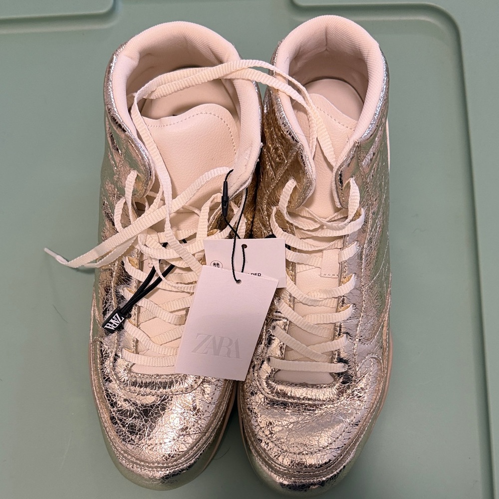 NEW ZARA METALLIC EFFECT SNEAKER ANKLE BOOTS GOLD Women's